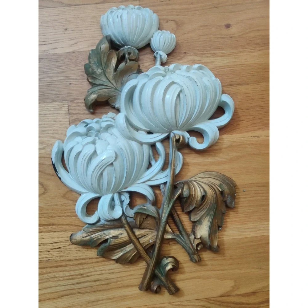 Vintage Mid Century Floral Wall Decor Plaques Set of 2 Roses & Chrysanthemums